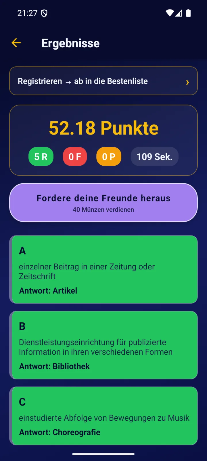Ergebnisbildschirm mit jedem Hinweis und seiner Antwort