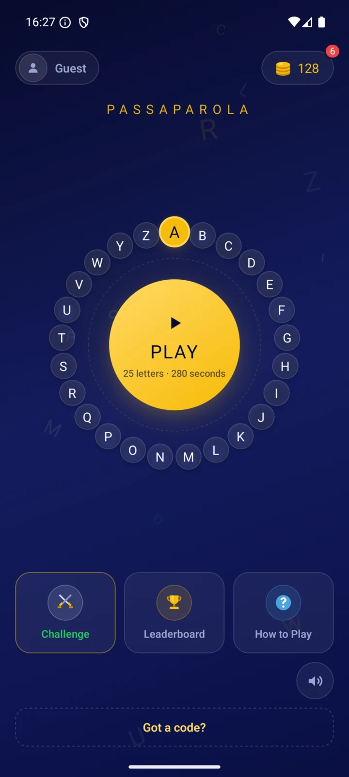 Home screen with the play button