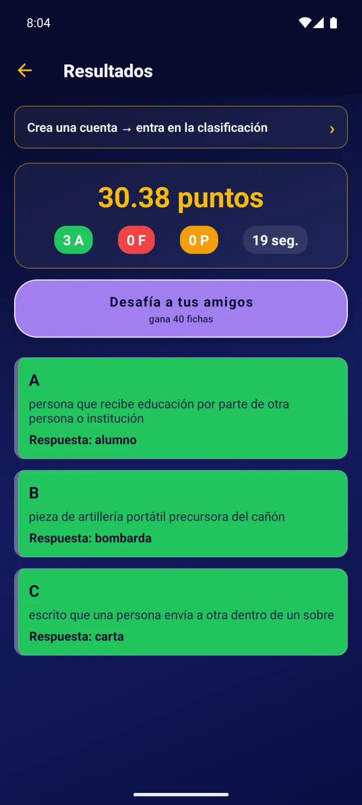 Pantalla de resultados con cada pista y su respuesta