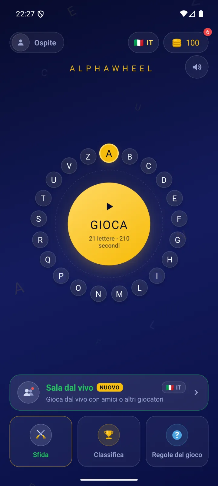 Schermata iniziale con il pulsante Gioca