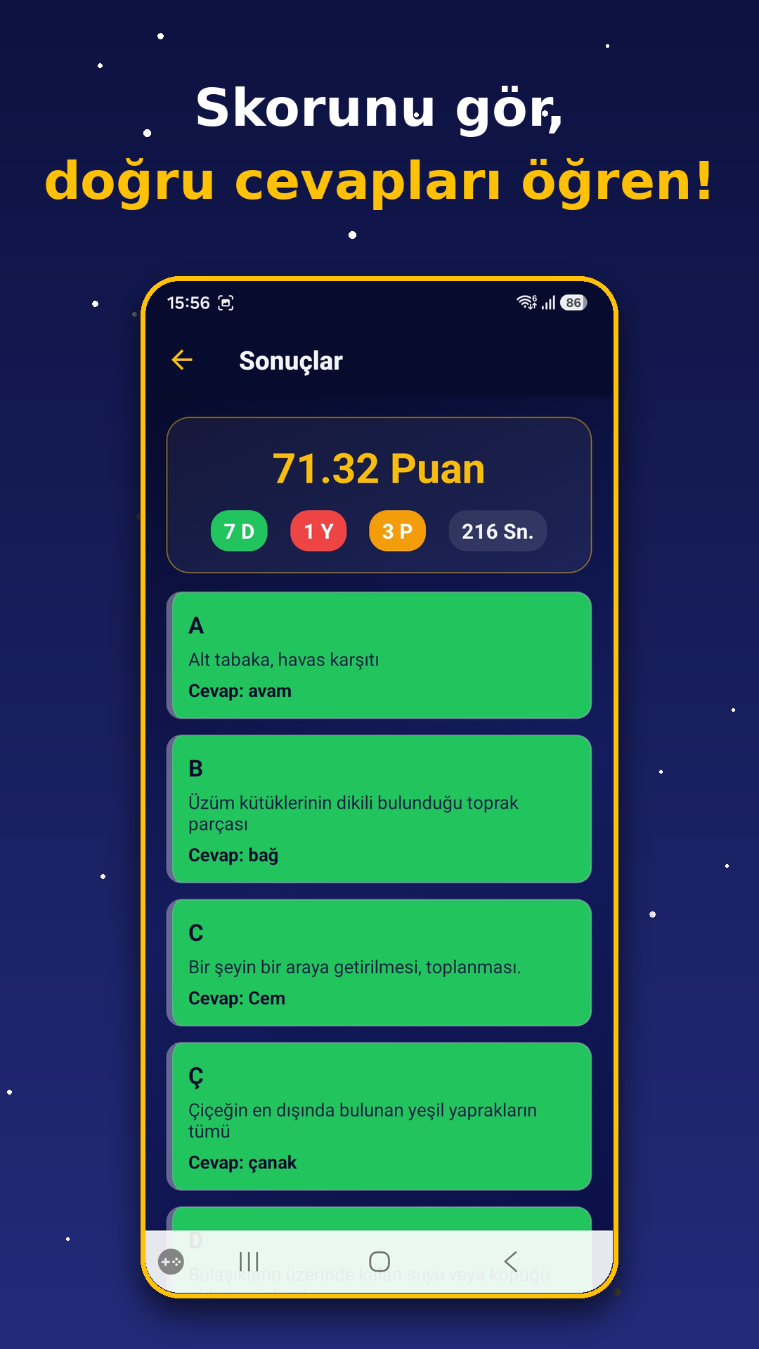 Sonuç ekranı ve doğru cevaplar